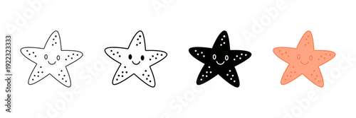 Set of minimalist starfish icons with transparent background, depicting marine life symbols, cute sea creatures, summer vacation elements, and ocean animal designs, vector illustration