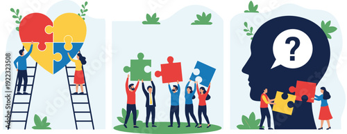 Flat vector illustration set of business teamwork with people building heart shaped jigsaw puzzle and solving mental health problems for psychological and collaboration concepts.