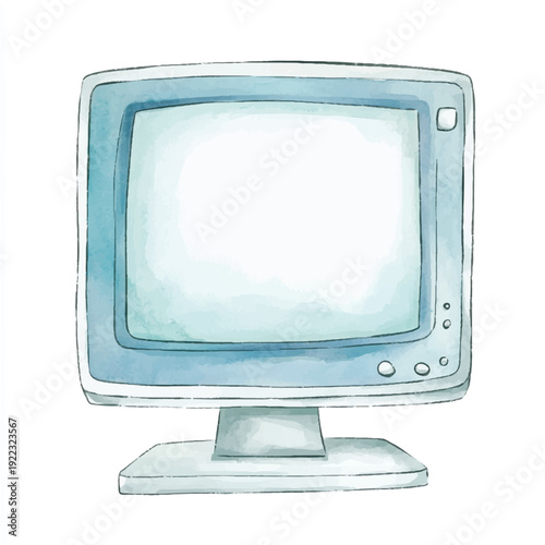 Watercolor Illustration of a Vintage Computer Monitor with Blue Tones