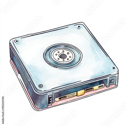 Watercolor Illustration of a Vintage Hard Drive with Detailed Design