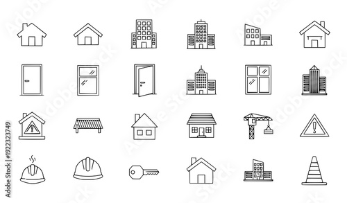 Modern Home and Building Outline Icons – Construction and Property Vector Illustration