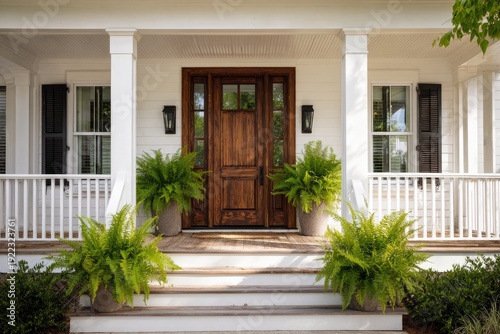 Elegant white porch with wooden door, ferns, shutters, and steps