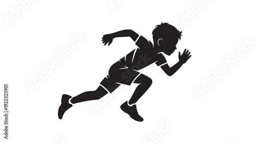 Running child silhouette in dynamic motion with high contrast black and white for sports illustration