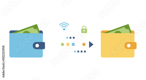 Digital Money Transfer between Wallets. Secure P2P Mobile Payment Transaction Illustration with Wi-Fi and Security Icons.