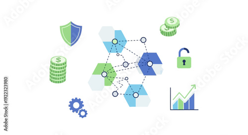 Blockchain and Cryptocurrency Concept: Decentralized Financial Network Security, Transaction Processing, Investment Growth, and Data Analytics Illustration.