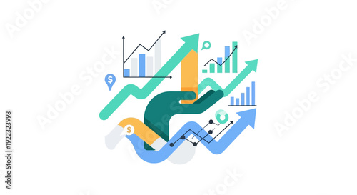 Hand Holding Upward Graph Arrows. Financial Growth, Business Success, and Data Analysis Visualization Concept.