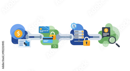 Secure Financial Transaction Pipeline. Data processing flow with payment methods, encrypted servers, security lock, and audit verification illustration.