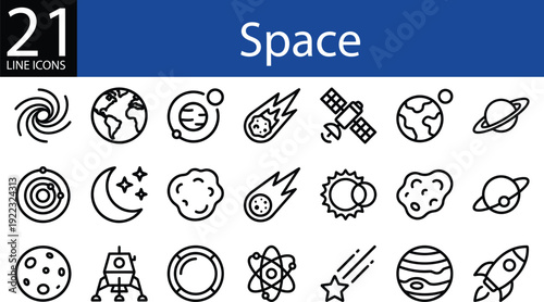 Space line icon collection in minimalist outline style, galaxies, planets, rockets, stars, and satellites
