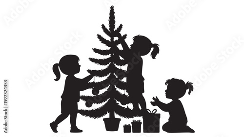 Silhouetted children decorating Christmas tree in joyful festive atmosphere with soft black illustration for holiday greeting cards