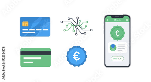 Financial Technology (Fintech) Icons Set: Digital Banking, Mobile Payment App, Credit Card, and Euro Currency Symbols