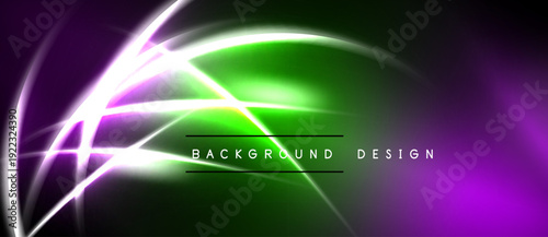 Abstract neon lines create vibrant green, purple glow. Dark background emphasizes bright curves, shapes, modern design elements.