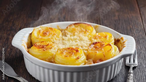 Individual potato gratin served at table