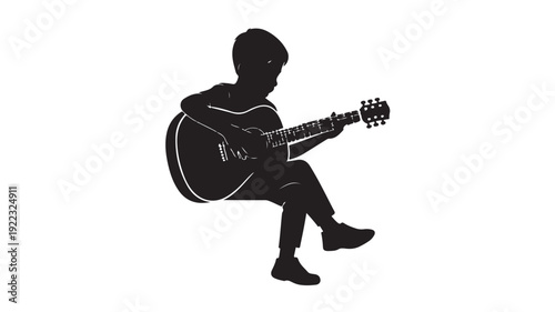 Silhouette of a man playing guitar in relaxed casual pose with dramatic black and white contrast for music illustration
