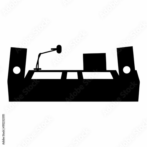 Monochrome Silhouette of Sound Mixing Console with Monitor and Microphone, Stage Setup