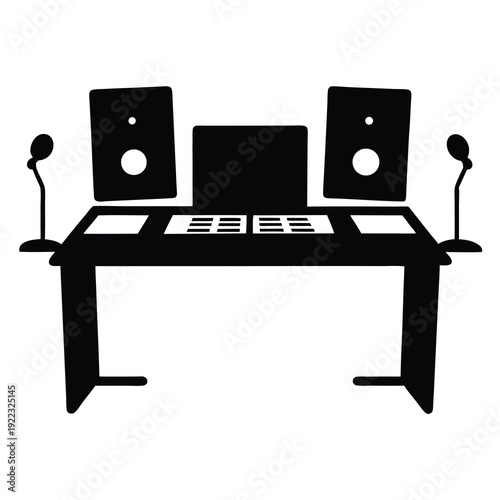 Audio Recording Studio Console with Speakers, Microphones, and Control Panel Icon