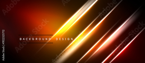 Abstract background features vibrant orange, yellow lines. Dark gradients create dynamic visual effect. Modern design element.