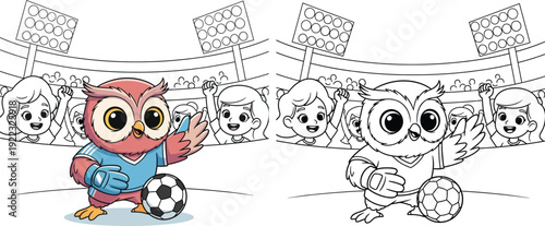Cute Cartoon Owl Goalkeeper in Stadium with Cheering Fans Sports Vector & Line Art