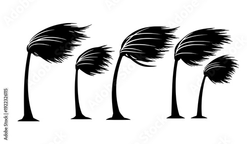 Black Tropical Palm Tree Silhouettes Bending in Strong Wind Vector Set