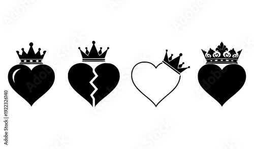 Black Heart and Crown Vector Set of Regal Romantic Symbol Designs