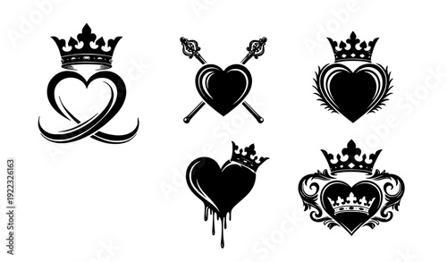 Vintage Royal Heart and Crown Silhouette Collection in Ornamental Style