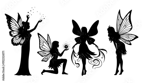 Elegant Fairy Queen Silhouettes Vector Set with Wings and Crowns