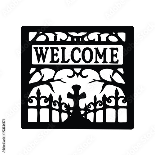 Black and White Welcome Sign with Cemetery and Cross Silhouette