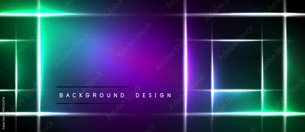 Fototapeta premium Vibrant neon lights create abstract geometric patterns. Dark background emphasizes glowing rectangles, squares, gradients. Modern design element.