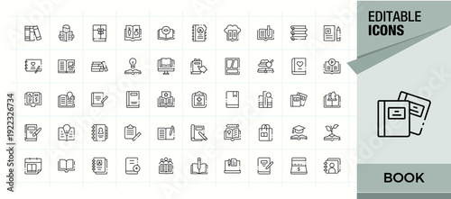 Book simple icon set. Contains outline symbols like author, textnotedictionary, bookstore, library and more. Bible icon set. Minimalist editable vector stroke. Editable vector.