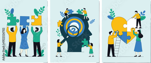Flat vector illustration set of business teamwork with people holding giant jigsaw puzzle pieces and connecting heart shape for charity and psychological solution concept.