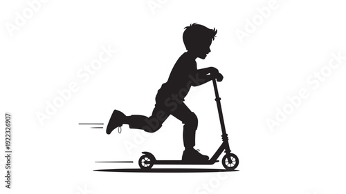 Boy Riding Scooter in Silhouette with Dynamic Motion on White Background for Active Lifestyle