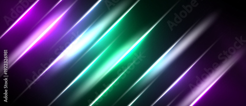 Abstract lines, vibrant colors, diagonal streaks. Purple, green hues dominate dark background. Modern digital art.