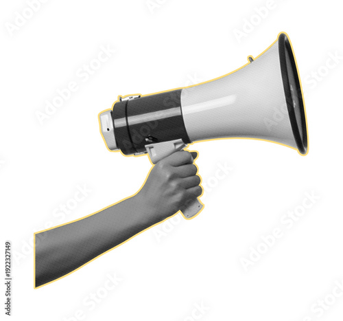 Retro halftone hand holding megaphone art collage on transparent background