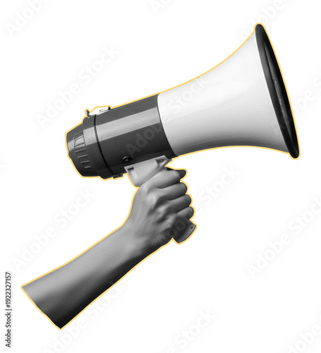 Retro halftone hand holding megaphone art collage on transparent background