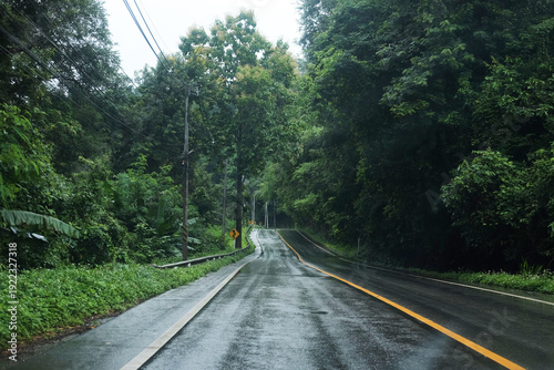 Winding mountain road passes through lush tropical forest on a rainy day in Thailand