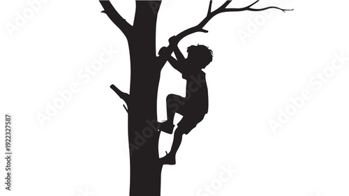 Silhouette of a child climbing a bare tree in dark tone with stark contrast on white background for adventure illustration