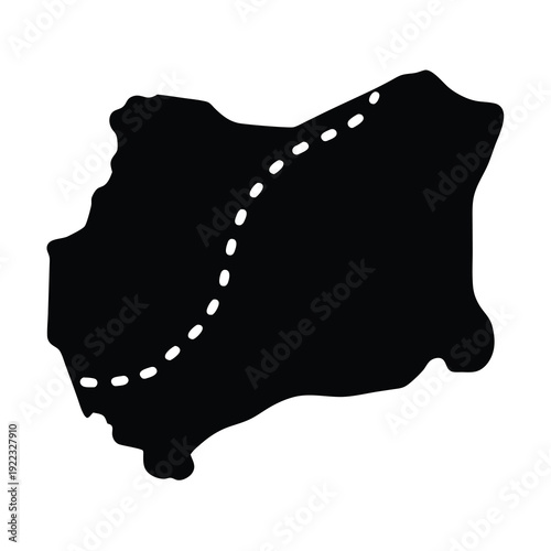 Black Silhouette Shape of Region or Land Mass with Dotted Line Route