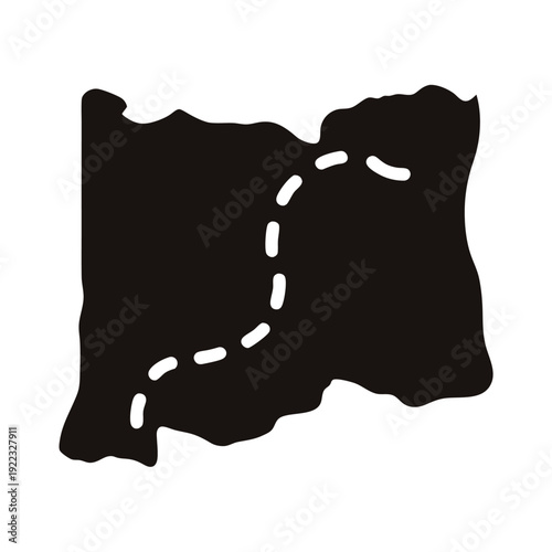 Stylized outline of a landmass with a dotted path across it