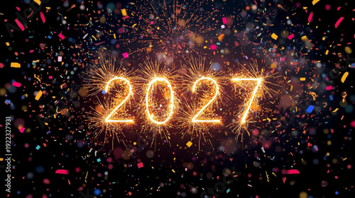 Sparkling 2027 new year celebration with vibrant confetti and a dark background