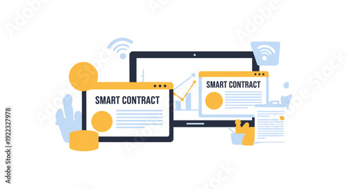 Smart Contract Concept: Secure Blockchain Agreements, Digital Finance Transaction Automation, and Decentralized Cryptocurrency Platform Illustration.