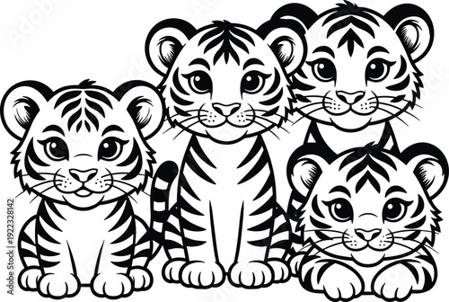 Black and white vector illustration of four cute baby tiger cubs sitting and lying together for wildlife conservation animal education and childhood branding