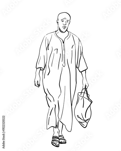 Minimalist black and white sketch of a bald person walking in a robe with a soft bag. Cultural attire and simplicity
