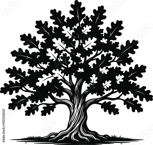 Black and white vector silhouette of a majestic oak tree with spreading branches and detailed leaves for nature conservation environmental branding and forest landscape design