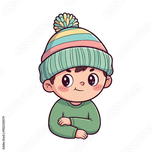 Cartoon illustration of a cheerful young boy wearing a colorful striped beanie and green shirt with rosy cheeks, against a clean white background.