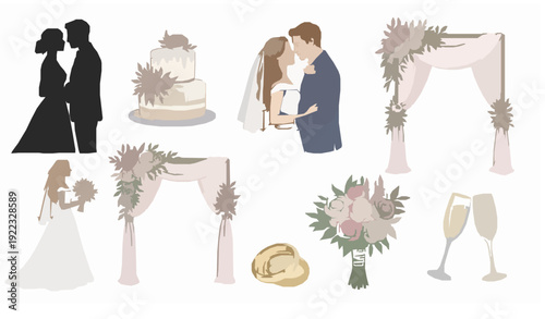 Watercolor wedding elements set with bride groom cake and rings