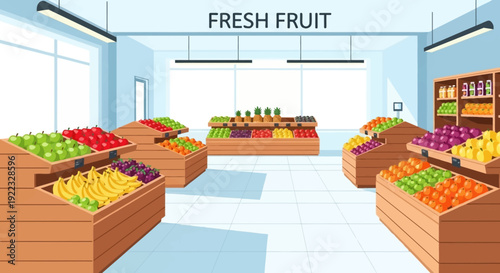 A fresh fruit shop interior with wooden display stands filled with fruits clean floor bright lighting organized layout minimal vector illustration flat design uncluttered composition