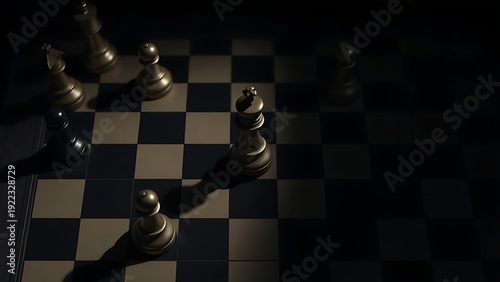  A chessboard in mid-game with a highlighted king piece, top-down view with dramatic shadows. travel magazines, destination branding, designed for outdoor magazines and nature guides.