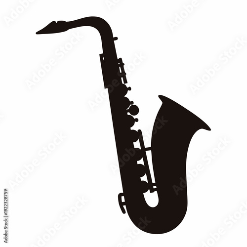 Elegant silhouette illustration of a saxophone instrument against a white backdrop