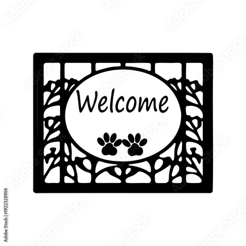 Elegant Laser Cut Welcome Sign with Dog Paw Prints and Floral Frame
