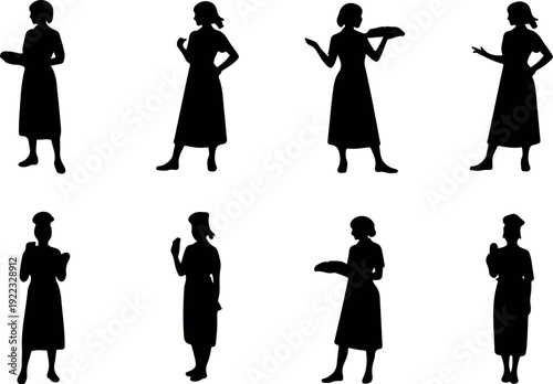 Bakery Woman Silhouettes Vector Standing, Sitting, and Gesturing with Bread