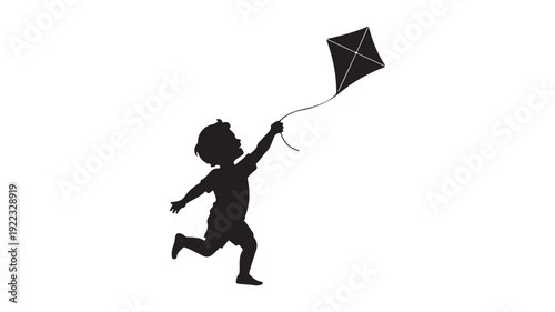 Silhouette of happy child flying kite in joyful carefree motion with dramatic black shadow on white background for outdoor recreation